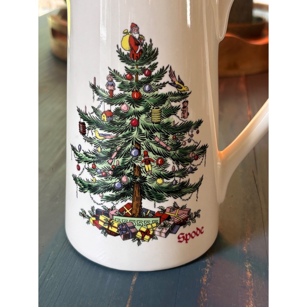 Spode Christmas Tree Pitcher Teleflora Gift Holiday Ceramic Jug White Green Rim - Picture 11 of 11
